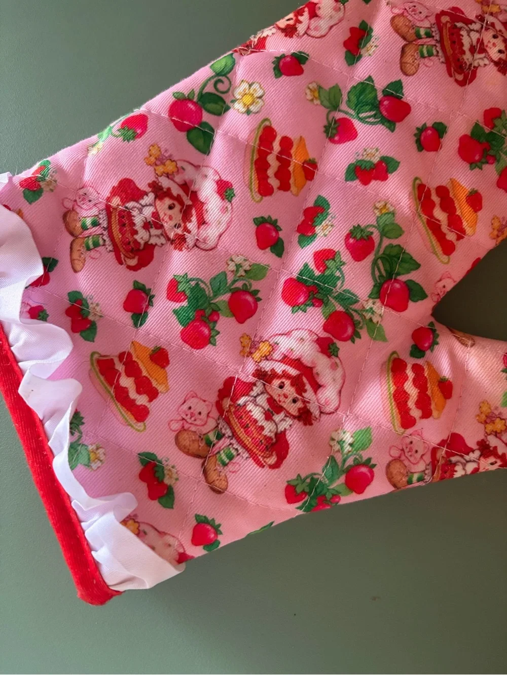 Pink Strawberry Print Oven Mitt with Ruffle Trim - Cute Kitchen Accessory